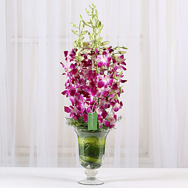 10 Purple Orchids Vase Arrangement Gift Glass Vase Arrangement