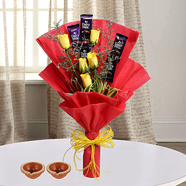 Yellow Roses Amp Chocolate Bouquet For Diwali Gift Roses N