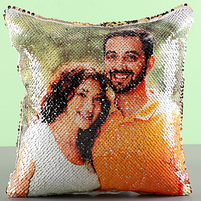 Personalized Golden Sequin Cushion Gift Sequin Photo Cushion For