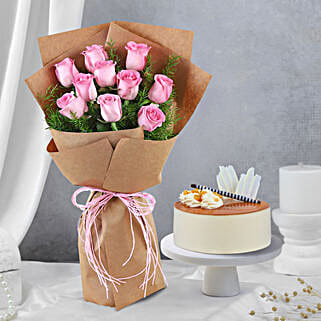 10 Pink Roses W Butterscotch Cake-picture-17