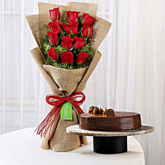 12 Layered Red Roses Bouquet N Truffle Cake