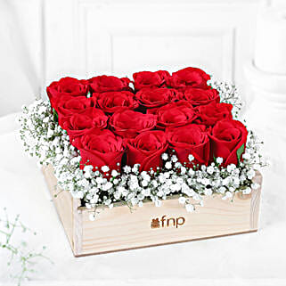 16 Red Roses Arrangement In Wooden Base-picture-11