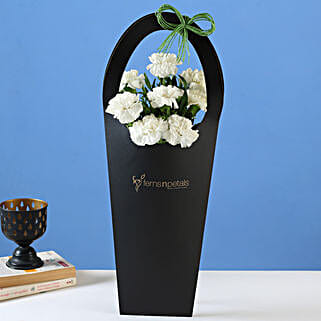 8 White Carnations in Black FNP Sleeve Bag-image-16