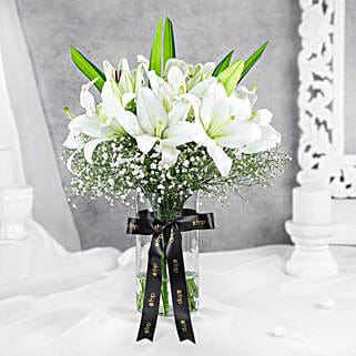 Blooming Asiatic Lilies In Black Ribbon Tied Vase
