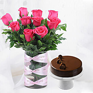 Dark Pink Roses Vase & Truffle Cake Combo-picture-23