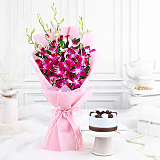 Dreamy Violet Whispers Orchids Bouquet N Black Forest Combo