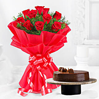 Eggless Chocolate Truffle Cake and Red Roses Bouquet