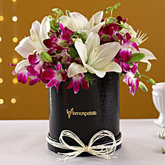Gorgeous Purple Orchids White Lilies Box Arrangement-picture-27