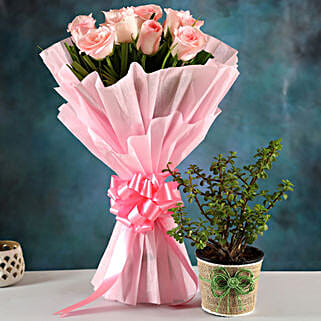Jade Plant and Pink Rose Bouquet-picture-42