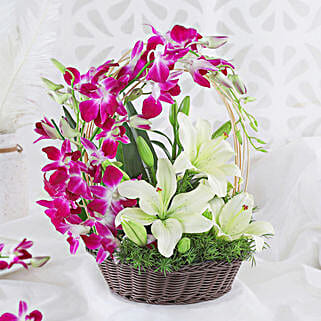 Lilies And Orchids Basket Arrangement-image-2