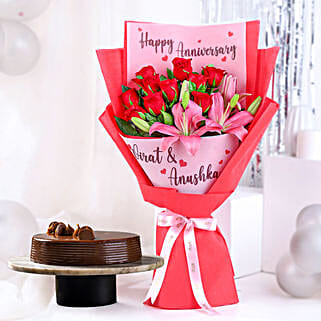 Personalised Anniversary Bouquet With Truffle Cake