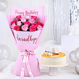 Personalised Birthday Rose Bouquet N Creamy Cake