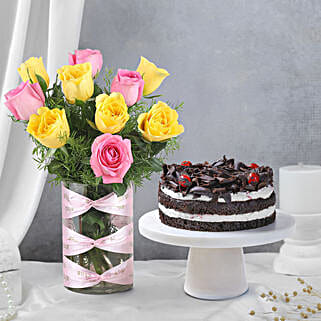 Pink & Yellow Roses Vase & Black Forest Cake-image-24