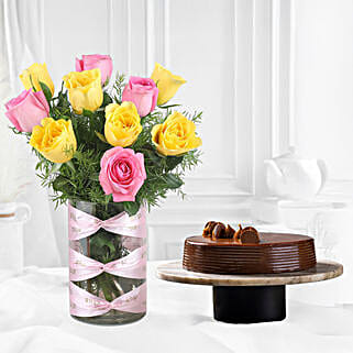 Pink & Yellow Roses Vase with Truffle Cake-image-1