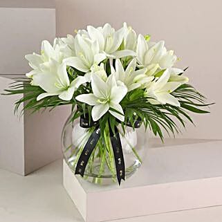 Pure White Asiatic Lilies In Fishbowl Vase-picture-16