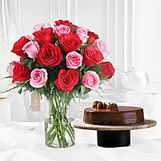 Red & Pink Roses With Truffle Cake-picture-12
