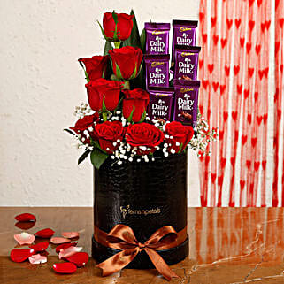 Red Roses Dairy Milk Arrangement In Round FNP Box-picture-21