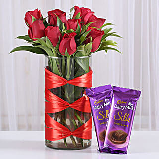 Red Roses Vase & Dairy Milk Silk Combo-picture-24