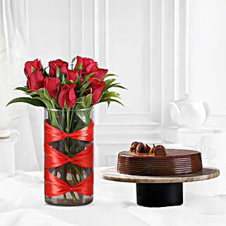 Red Roses Vase & Truffle Cake Combo-image-23
