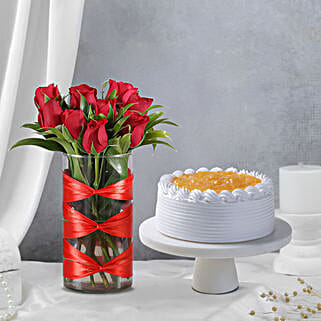 Red Roses Vase with Pineapple Cake Combo-picture-29