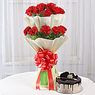 Two Layer Red Carnations Bouquet N Chocolate Cake Combo-picture-33