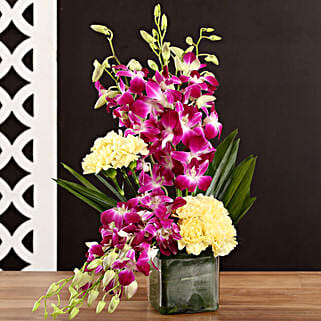 Yellow Carnations & Orchids In Vase-picture-40