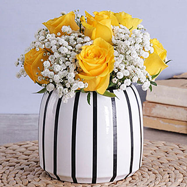 Yellow Roses In A Black And White Vase In South Africa Gift Yellow